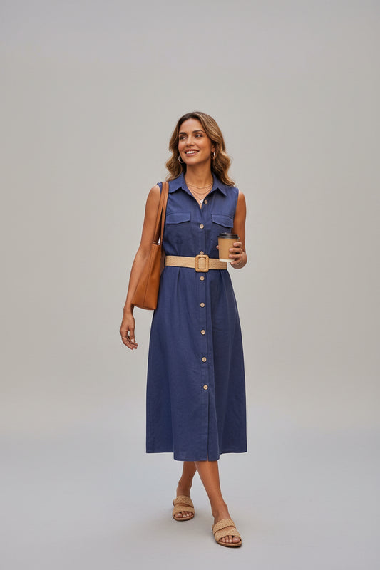 Plain linen midi dress