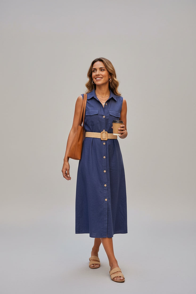 Vestido midi liso em linho