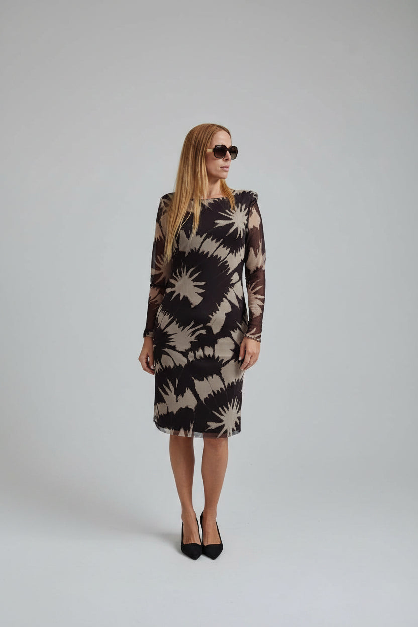 Vestido midi com padrão e ombreiras Ref.2413855