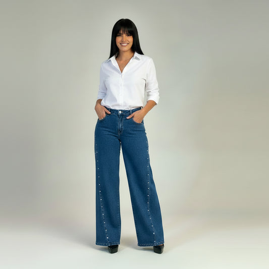 Calça de ganga com apliques