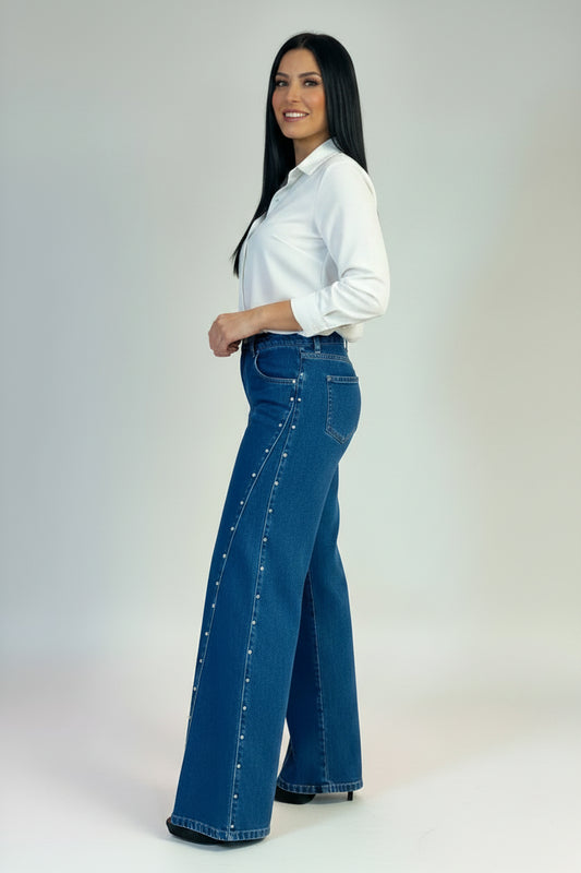Calça de ganga com apliques