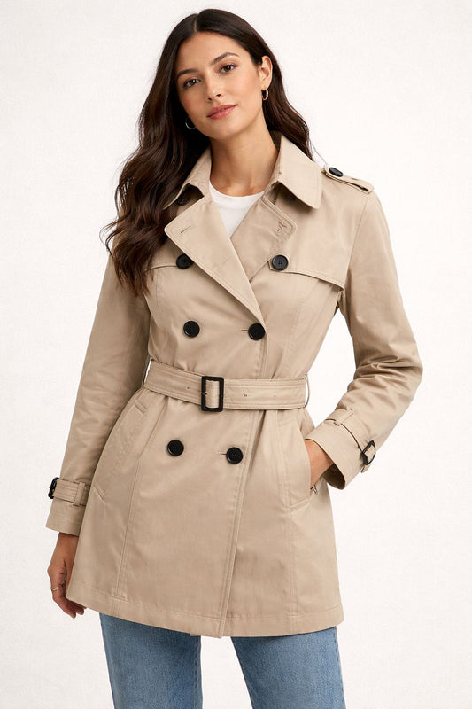 Plain gabardine trench coat with belt