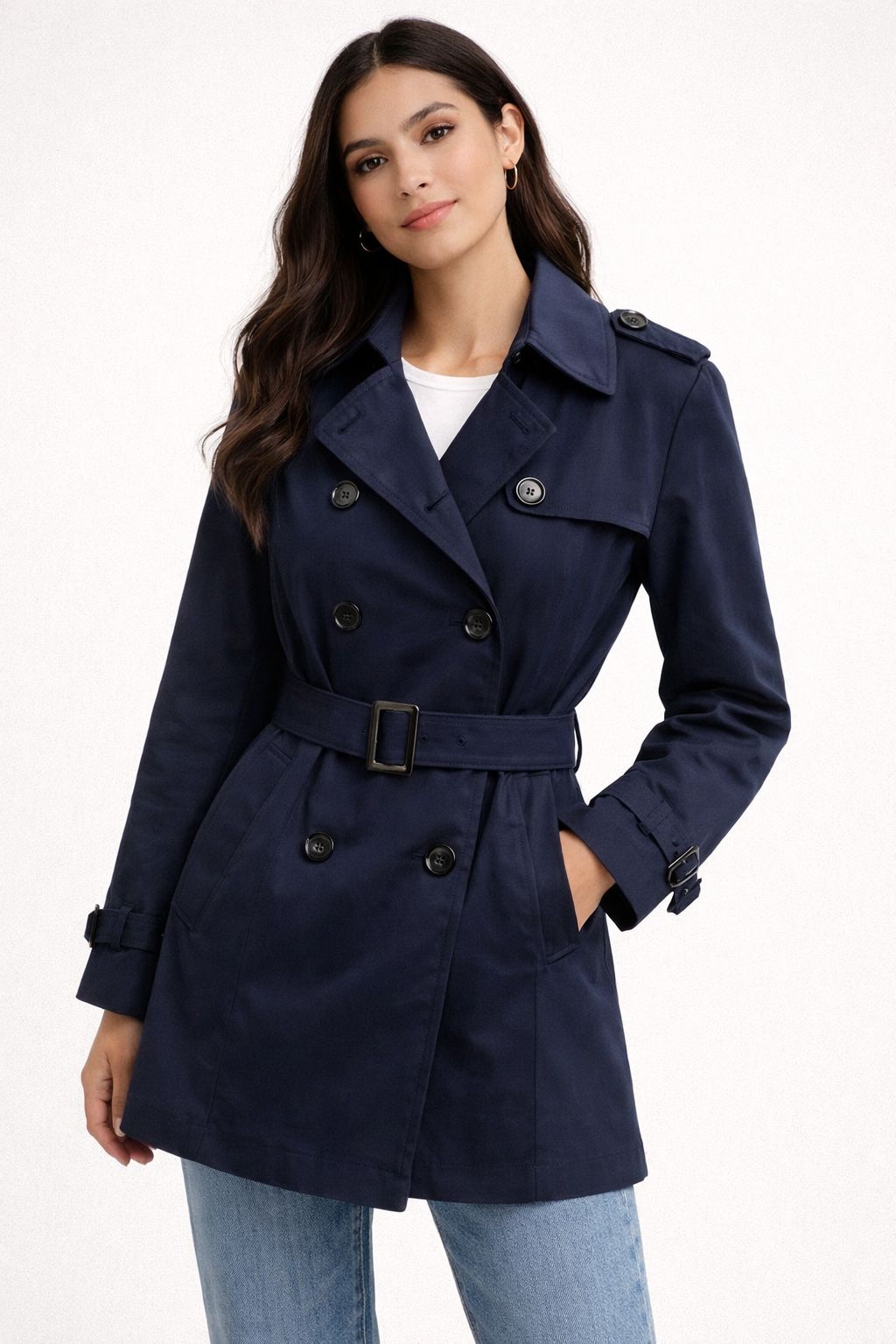 Plain gabardine trench coat with belt